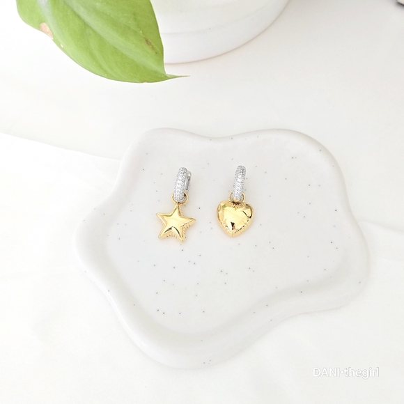 NEW 2-in-1 Two-Tone Balloon Heart & Star CZ Diamond Huggie Hoop Earrings - Picture 7 of 7